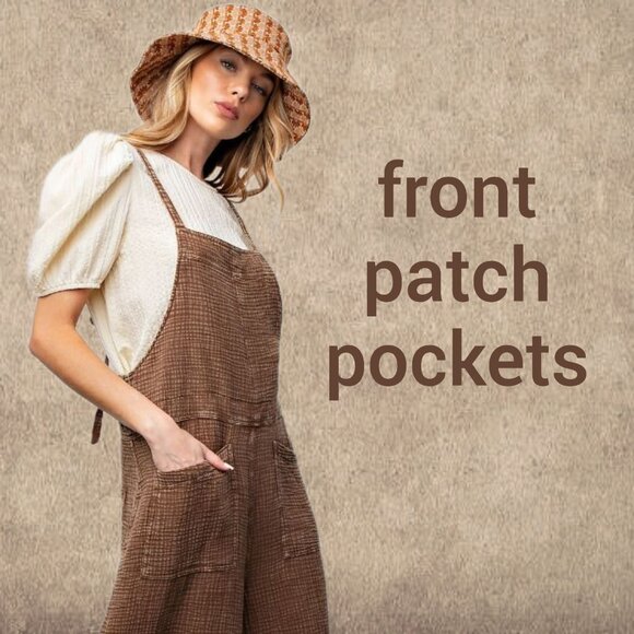 EASEL "Here I Am" Mineral Washed Wide Leg Jumpsuit Adjustable Tie Straps Pockets - Picture 7 of 16